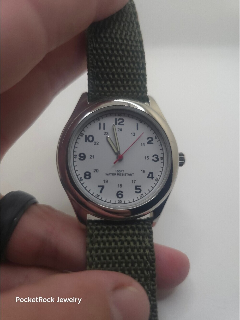 George Quartz Analog Watch White Dial Arabic Numerals Green Nylon Strap 30m WR